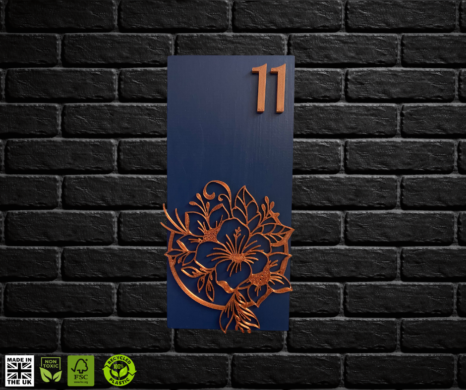 Modern Blue and Gold House Number Sign Plaque